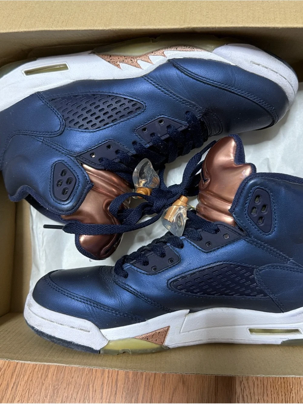 Jordan High-Top Sneakers in Navy & Bronze Metallic